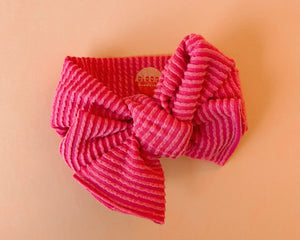 Oversized Bow Barbie Pink Wavy Ribbed Tie On Headwrap